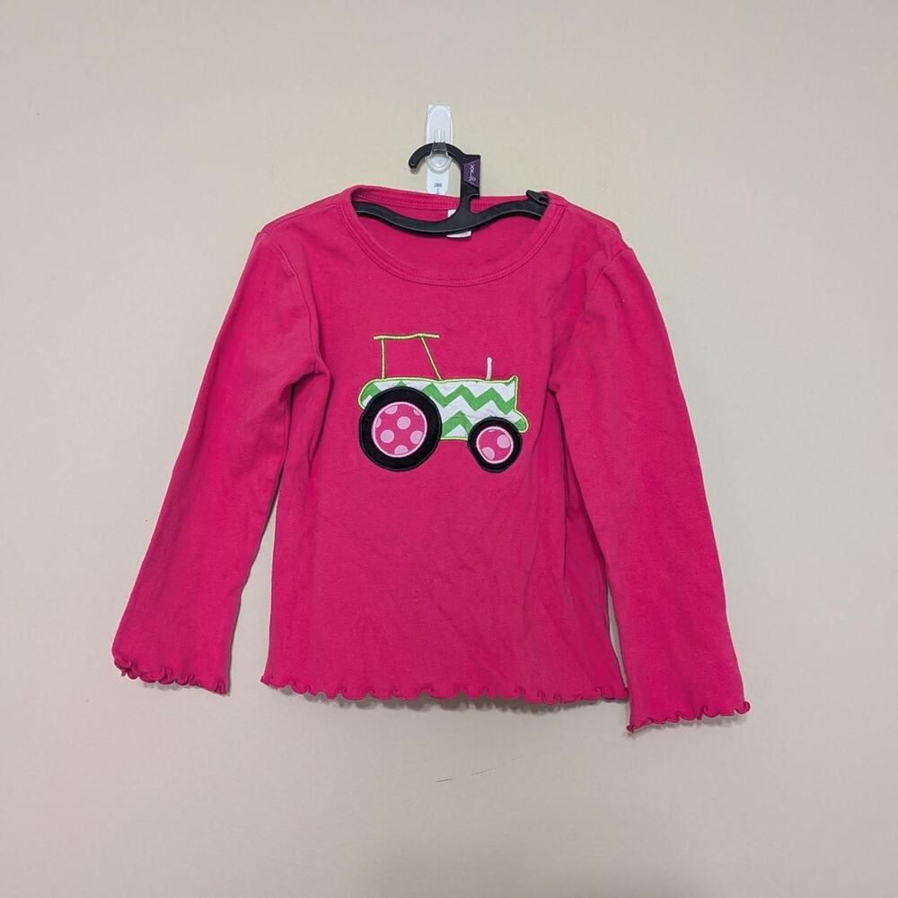 Monag Pink Long Sleeve Shirt Green Tractor With Chevron/ Polka Dots Pattern